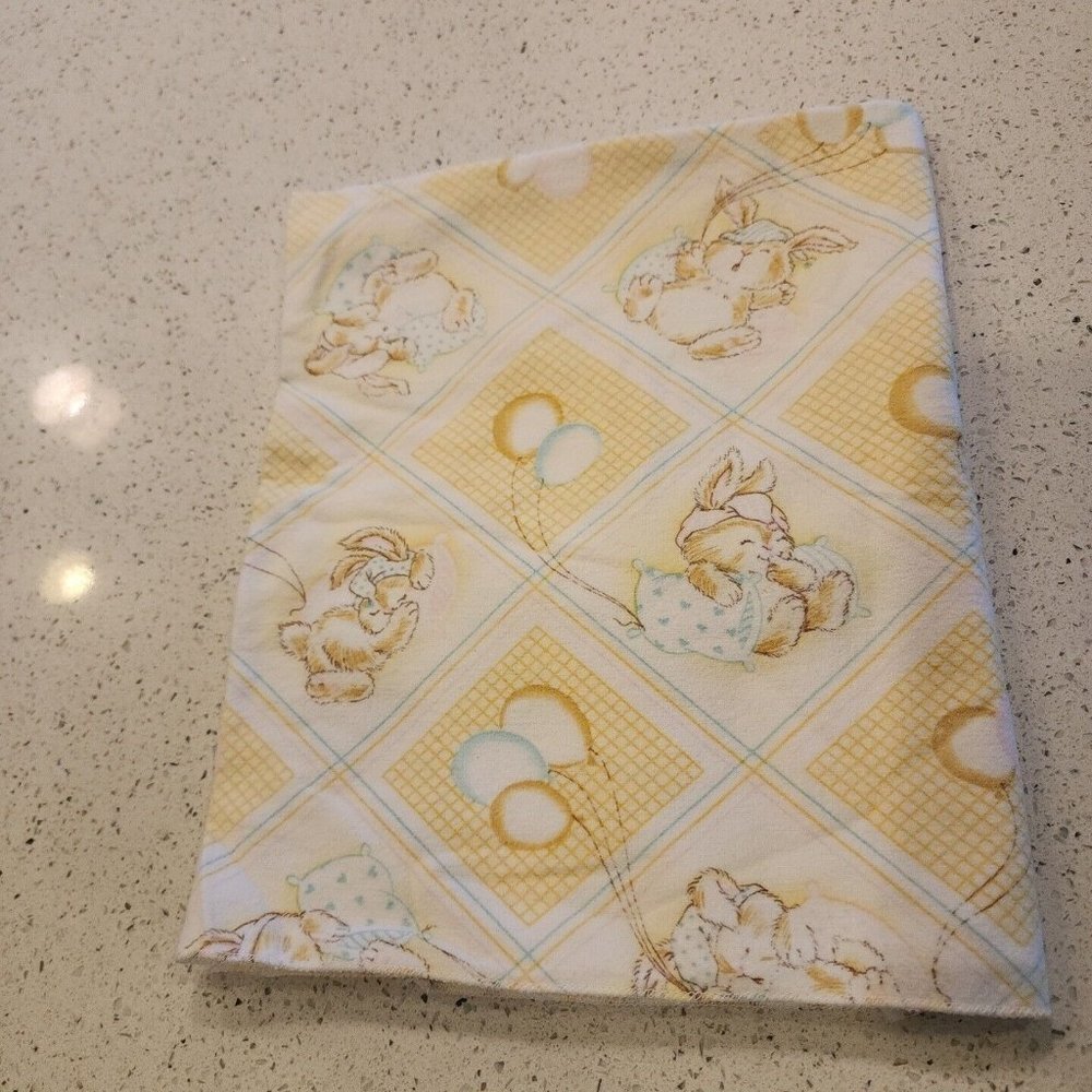 Vtg Dundee Yellow Bunny Sleeping Balloons Squares Receiving Baby Blanket 25x38"